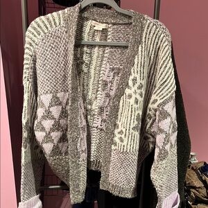 Gray Textured Open-Front Cardigan Sweater. Has lavender and white in the pattern